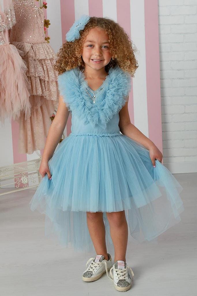 High Low Ruffle Bodice with Jewels in Sky